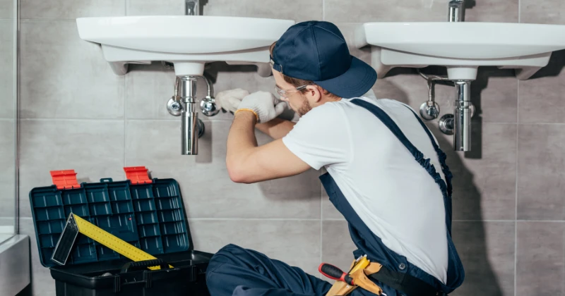 Plombier effectuant l’entretien d’un réseau de plomberie à Hochelaga-Maisonneuve, Montréal.