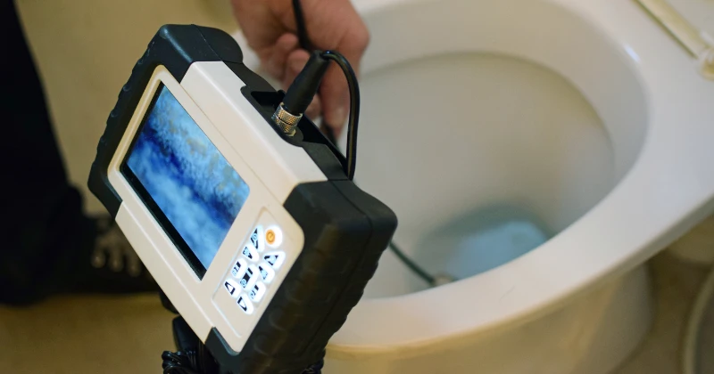 Plombier utilisant une caméra d’inspection pour vérifier l’état des canalisations à Hochelaga-Maisonneuve, Montréal.