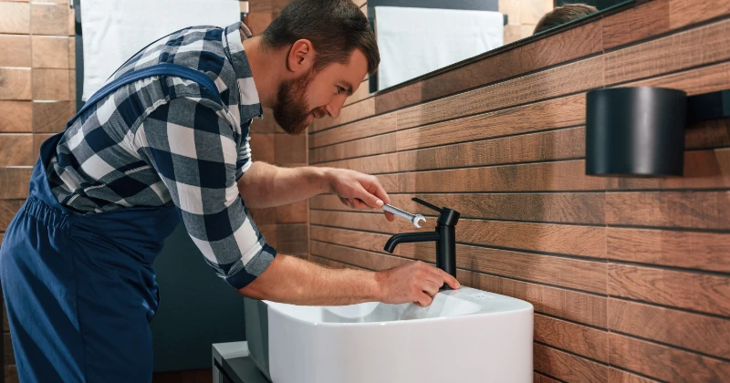 Plombier réalisant des travaux de plomberie dans un bâtiment commercial à Hochelaga-Maisonneuve, Montréal.