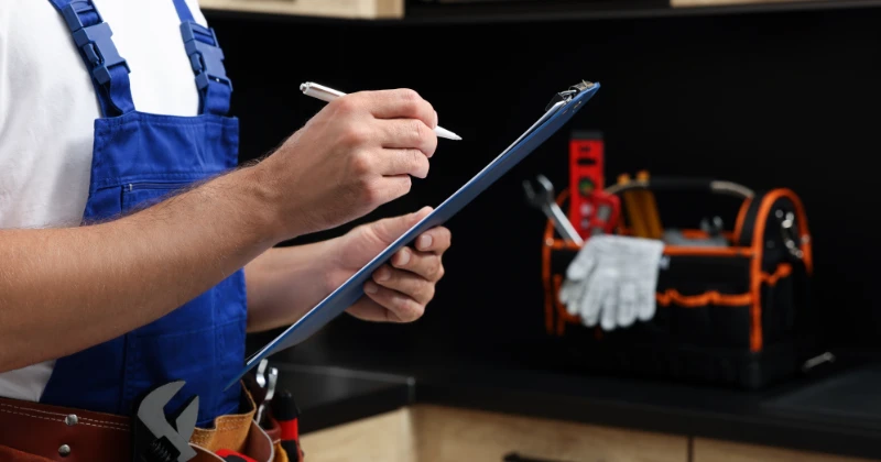 Plombier préparant une soumission détaillée pour des travaux à Hochelaga-Maisonneuve, Montréal.