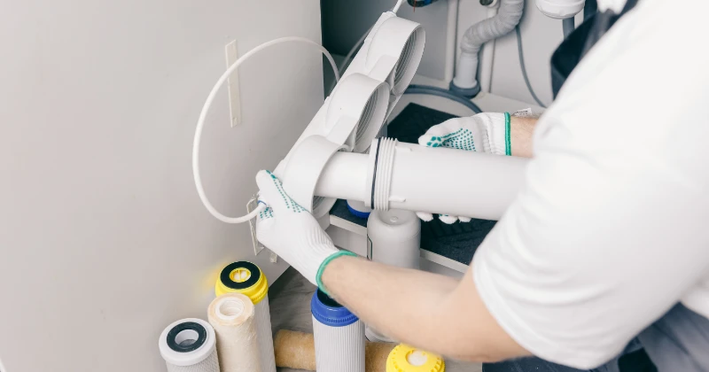 Plombier installant un système de traitement de l’eau à Hochelaga-Maisonneuve, Montréal.