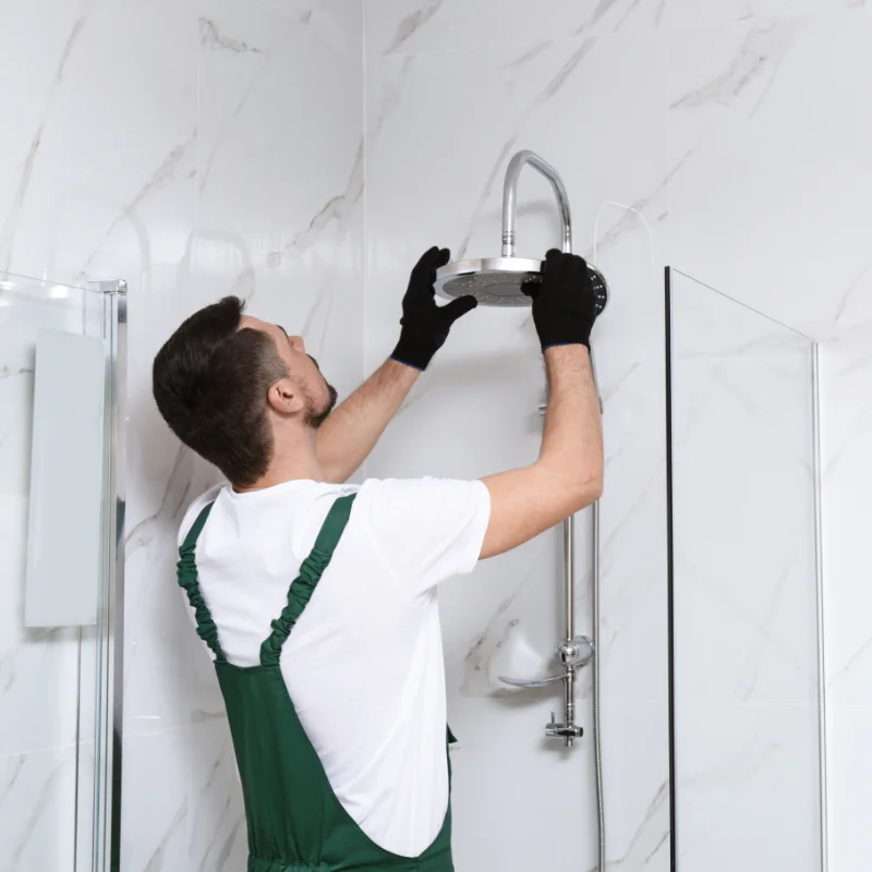 Plombier installant et branchant une douche dans une salle d’eau à Hochelaga-Maisonneuve, Montréal.