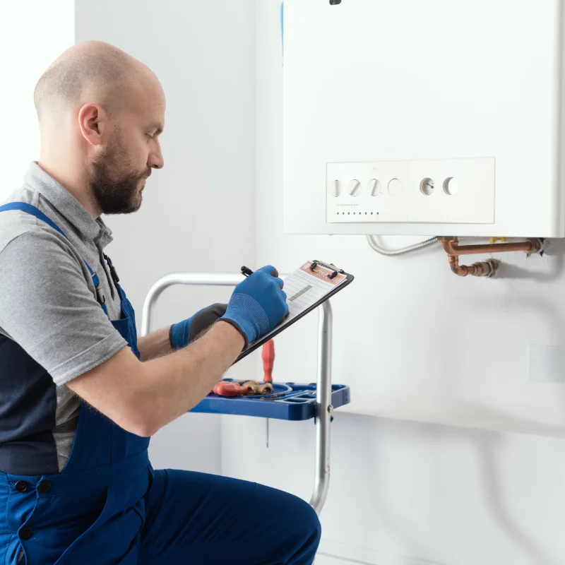 Plombier réparant un chauffe-eau défectueux à Hochelaga-Maisonneuve, Montréal.