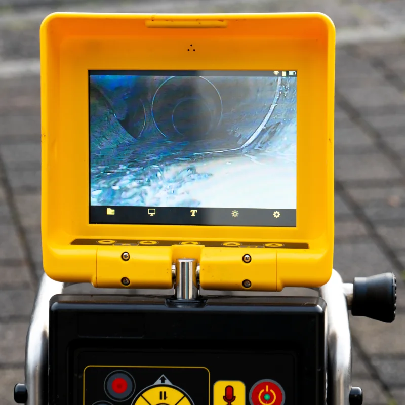 Plombier effectuant une inspection par caméra dans une canalisation à Hochelaga-Maisonneuve, Montréal.