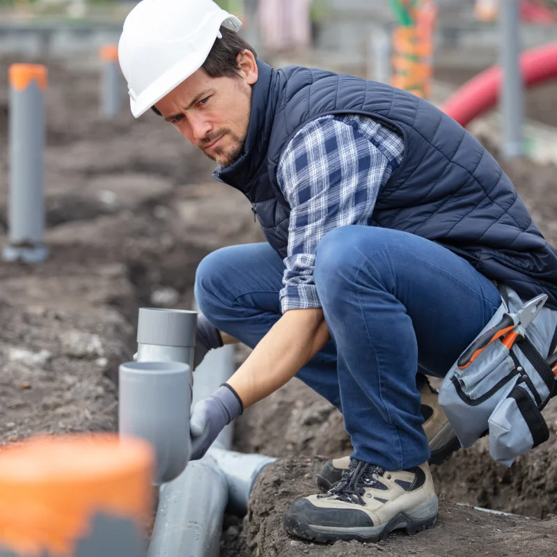 Plombier raccordant les canalisations au réseau d’évacuation à Hochelaga-Maisonneuve, Montréal.