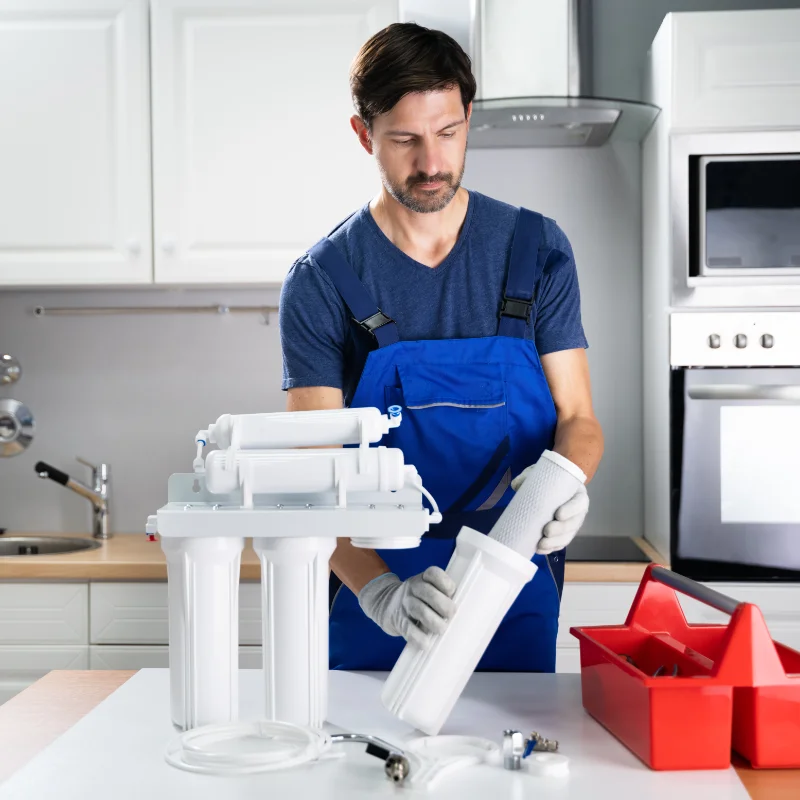 Plombier installant un adoucisseur d’eau dans une résidence à Hochelaga-Maisonneuve, Montréal.